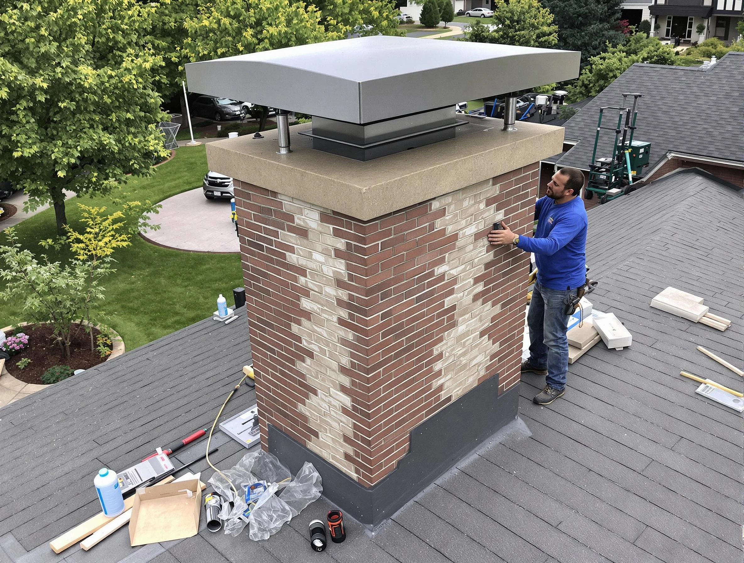 Adamsville Chimney Sweep team working on a custom chimney remodel in Adamsville, AL